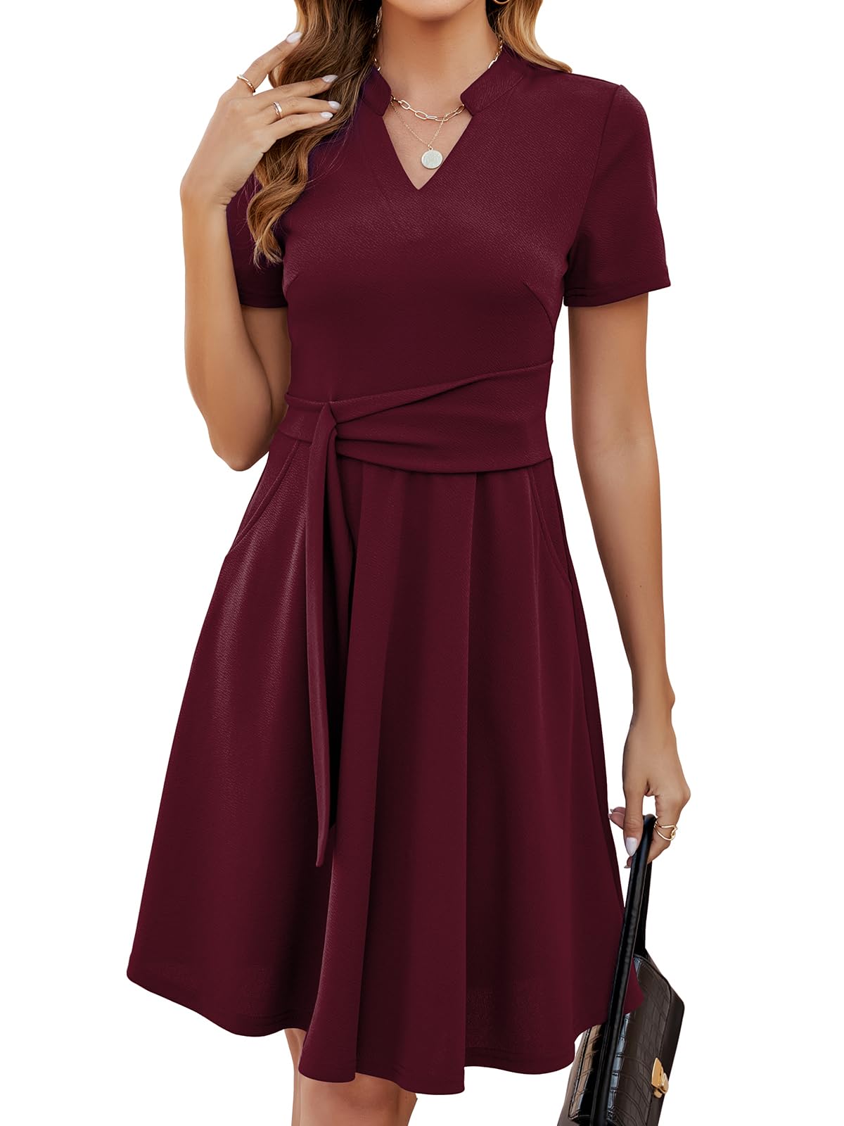 Mokayee Womens Summer Short Sleeve V Neck Fit and Flare A Line Business Casual Wedding Guest Work Dresses
