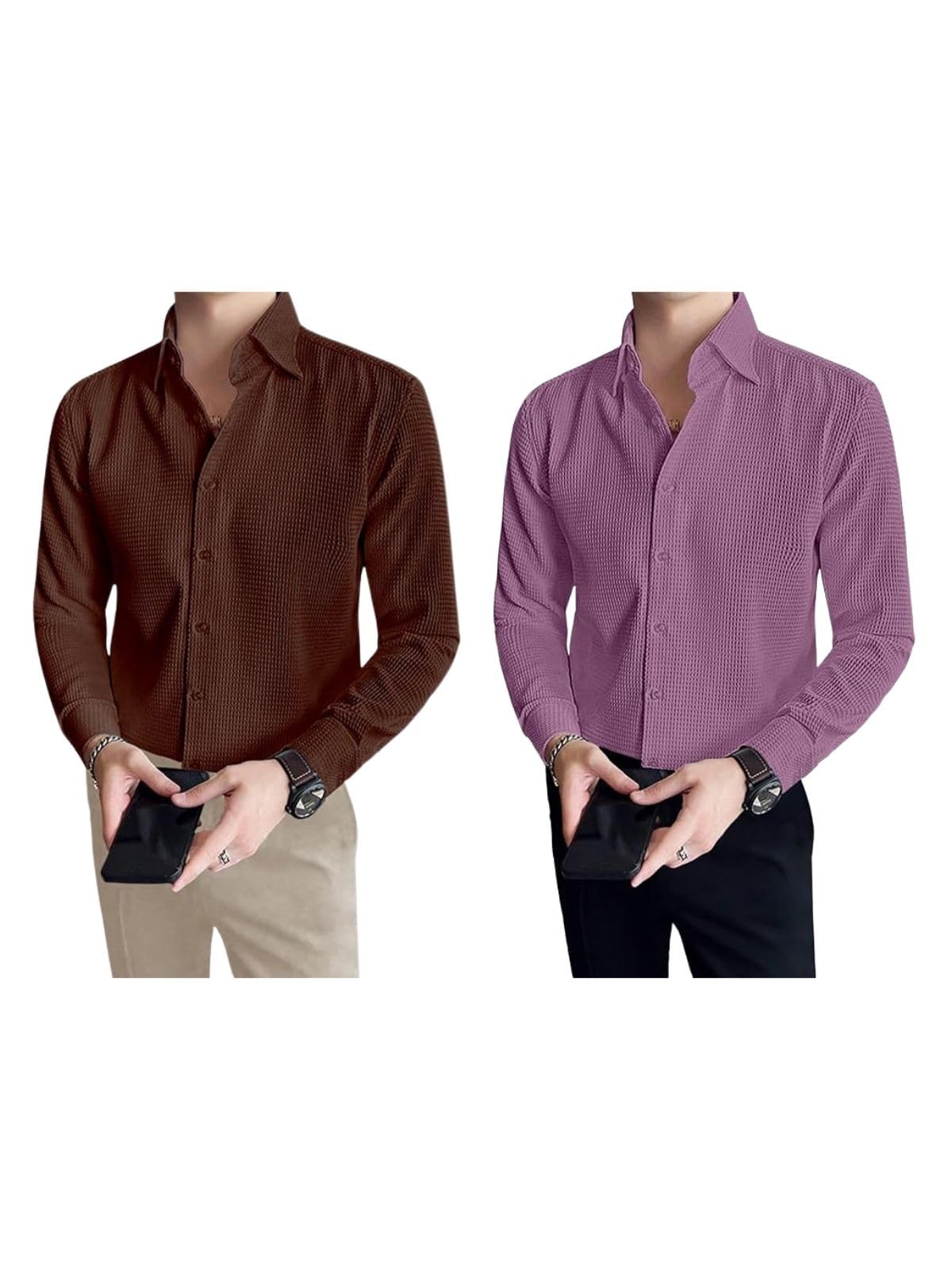 GRECIILOOKS Men's Formal Button Down Shirt – Slim Fit Office Wear Shirt's for Men | Textured Long Sleeve Cotton Blend | Business & Meeting Ready (Available in Plus Size and Combo Pack of 2)