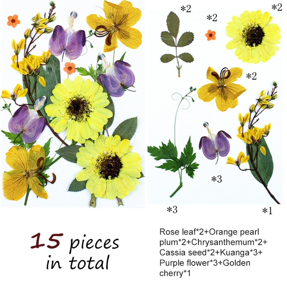 15 Pcs Dried Pressed Flowers for Resin, Real Pressed Flowers Dry Leaves Kit for Scrapbooking DIY Art Crafts, Epoxy Resin Jewelry Molds, Candle, Soap Making, Nails Décor, 3 Packs Style 17