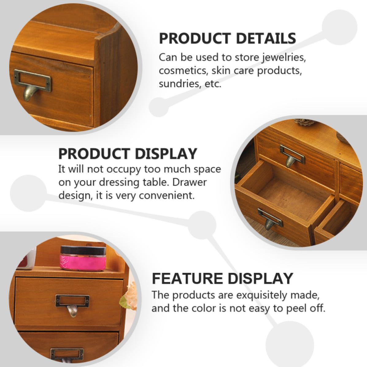 Retro Schmuckorganizer Holz mit Schublade für Kosmetik und Schmuck