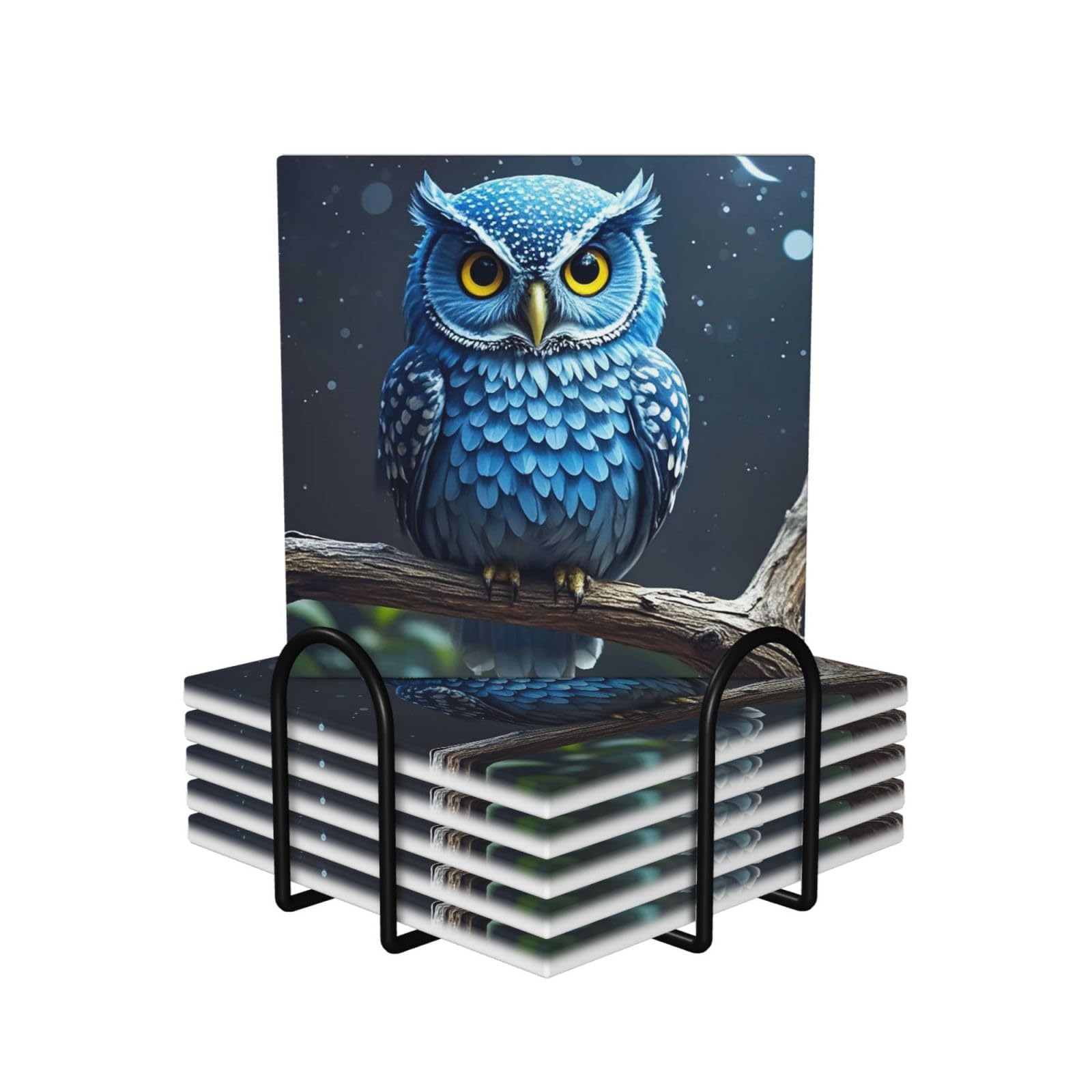 Mxdlkswpoh Square Drink Coasters Set Of 6 Non-Slip Ceramic Coasters With Holder Blue Owl Coasters For Drinks Tabletop Protection Cups Mugs Mat Pads For Coffee Table Bar Home Decor