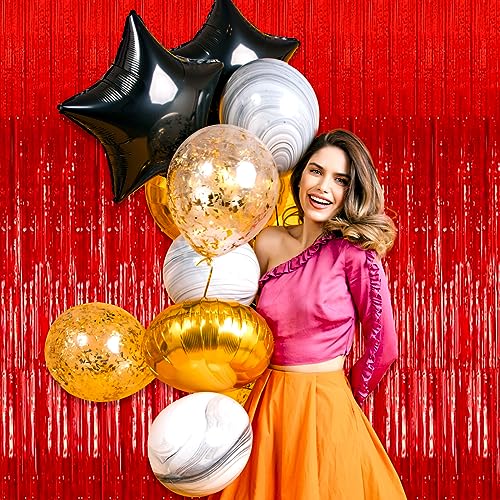 Image of 6 Pack Red Foil Fringe Curtain Backdrop, 3.28Ft x 8.2Ft Metallic Tinsel Foil Fringe Streamer Curtains for Photo Booth, Christmas Day, Thanksgiving, Wedding, New Year Party Decorations