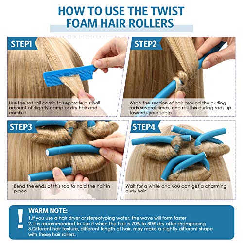 30 Pieces Flexible Curling Rods Twist Foam Hair Rollers Soft Foam No Heat Hair Rods Rollers And Steel Pintail Comb Rat Tail Comb For Women Girls Long And Short Hair (9.45 X 0.47, Blue) #TOP2