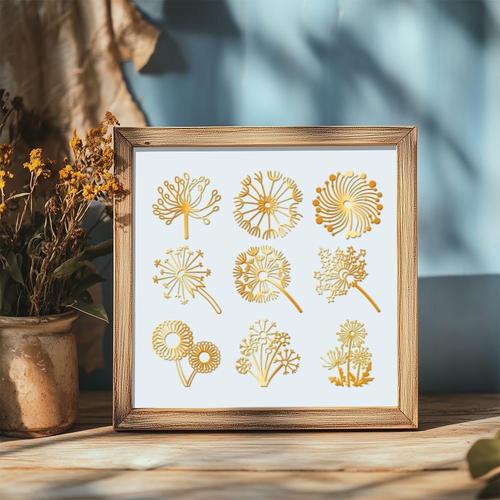 9Pcs Golden Self Adhesive Stickers 4cmx4cm(1.57x1.57inch) Flower Metal Decals Dandelion Waterproof Decorate Stickers for Scrapbooks DIY Resin Crafts Phone Water Bottle Decoration image 5