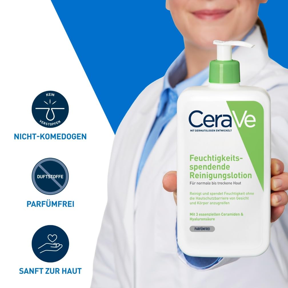 CeraVe Feuchtigkeitsspendende Reinigungslotion für Gesicht und Körper, Normale bis trockene Haut, Mit Hyaluron und 3 essenziellen Ceramiden