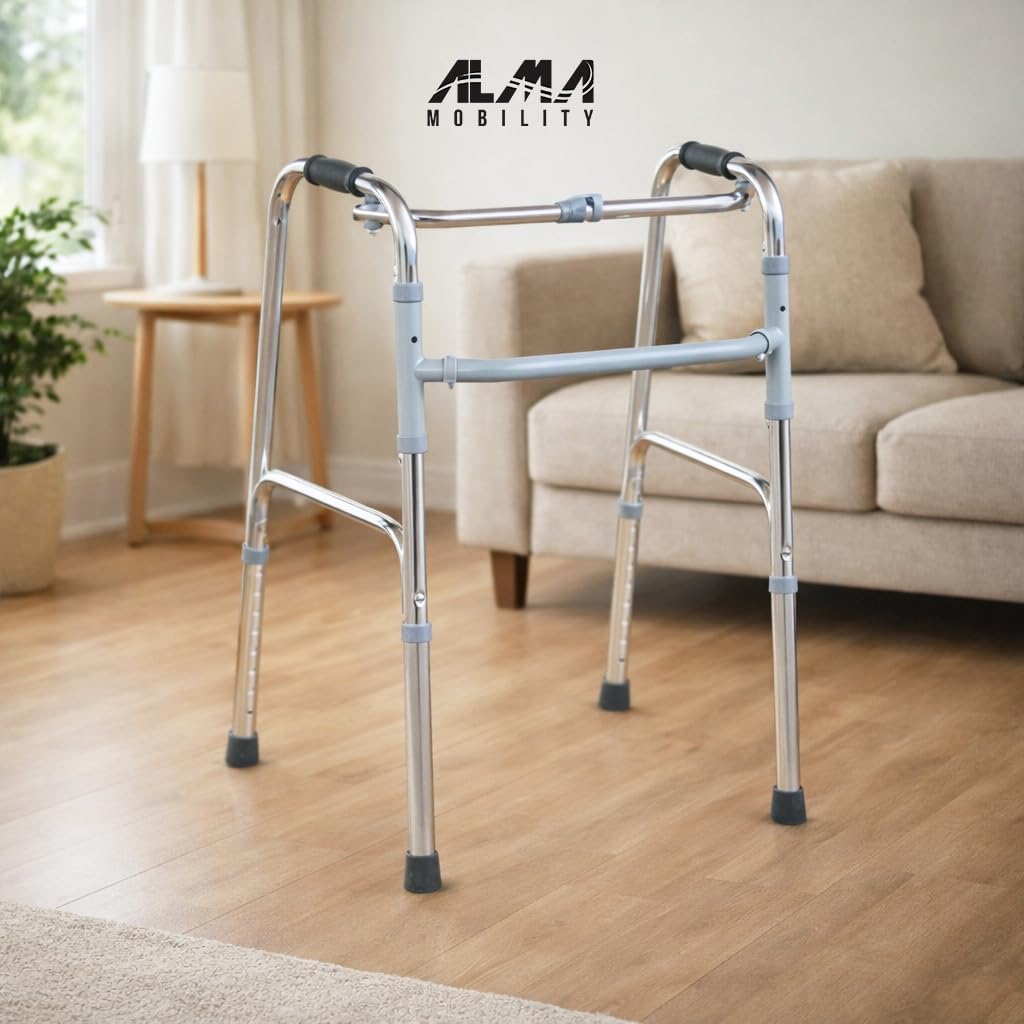 ALMA Andador para Ancianos Plegable de Aluminio, Andador Articulado Ortopédico, Ligero y Ajustable en Altura, Sin Ruedas, con Empuñaduras Anatómicas, Marcha Asistida para Adultos y Personas Mayores