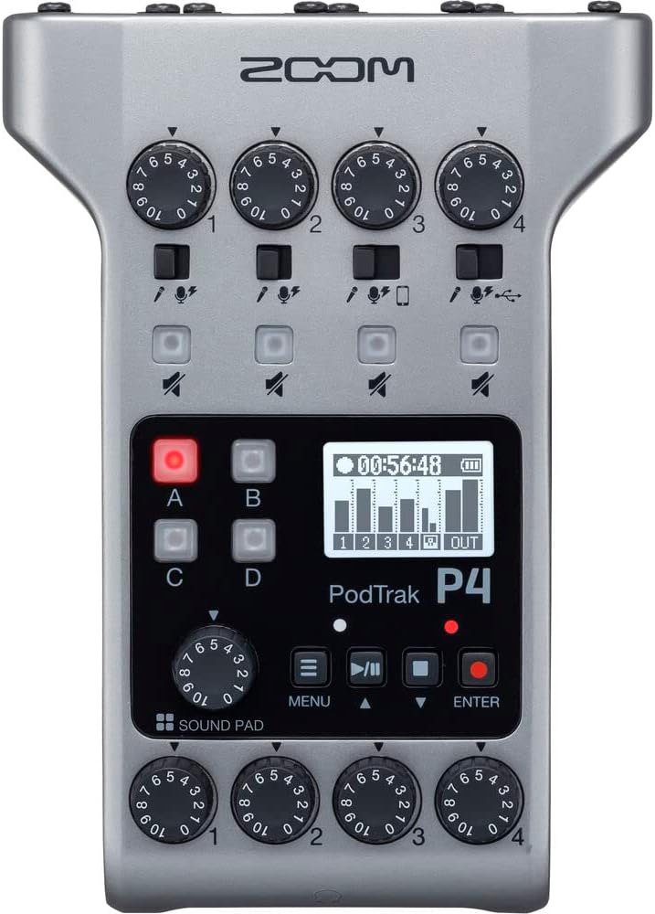 Zoom PodTrak P4 Portable Podcast Recorder with 4x AA Batteries, 32GB SD Card, USB-C to USB-C Cable and StreamEye Polishing Cloth