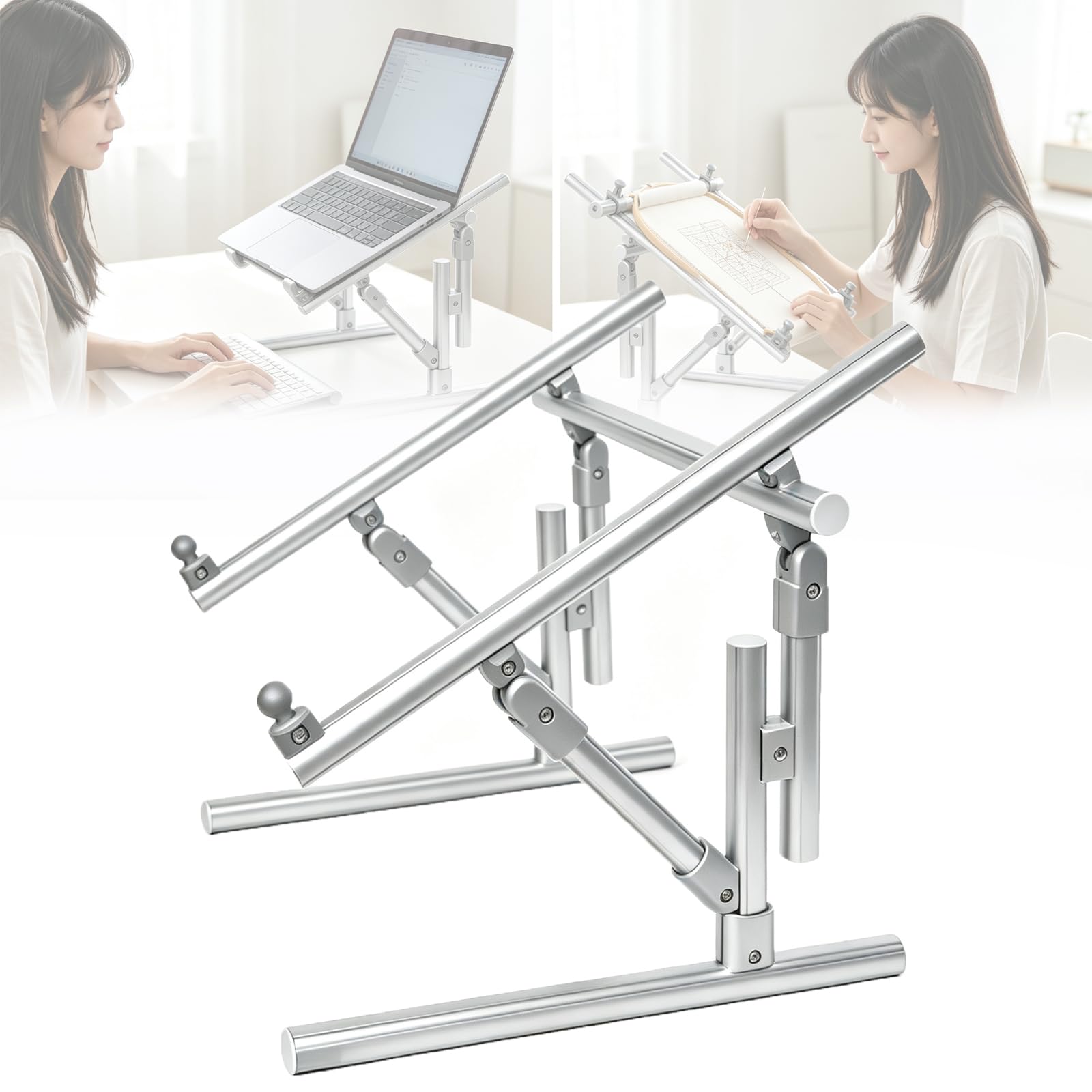 Aluminiowy regulowany uchwyt 2 w 1, uchwyt do haftu krzyżykowego i uchwyt na laptopa, stojak na stół i łóżko, sofę do pracy