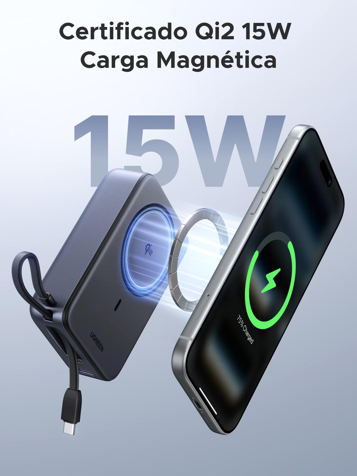UGREEN Zapix Qi2 15W Batería Externa Magsafe 20000mAh Power Bank USB C 30W | Cargador Portátil Inalámbrico, Carga Rápida Magnético, Cable Integrado Compatible con iPhone 17 16 15 14 13 Air Plus Pro Max