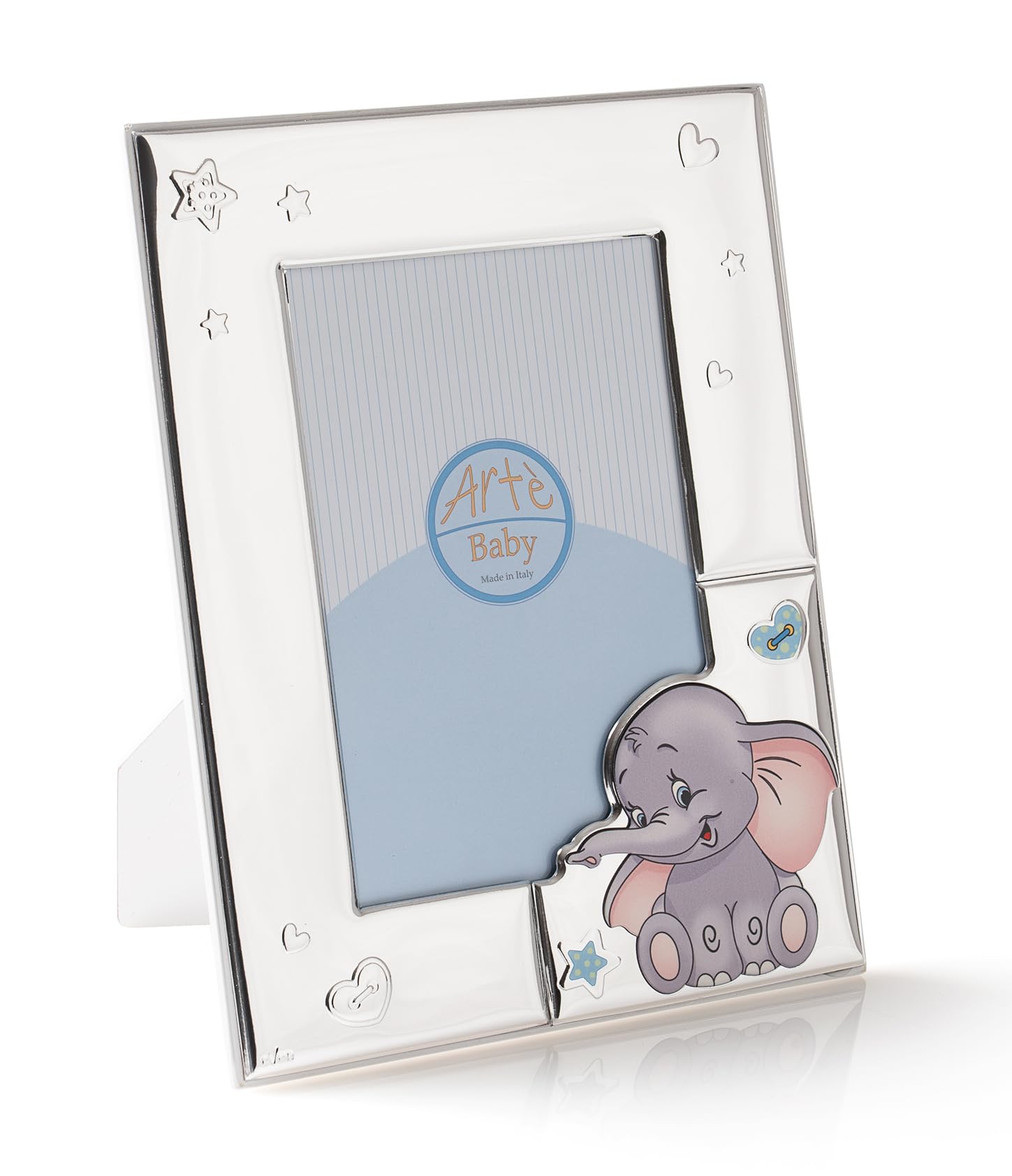 ARTÉ 10x15 Cornice portafoto per BAMBINO, Made in Italy, elegante placcata in argento, Silver Plated antiossidante, Bellissima cornice in Silver Plated con retro in legno laccato bianco E209/CELESTE
