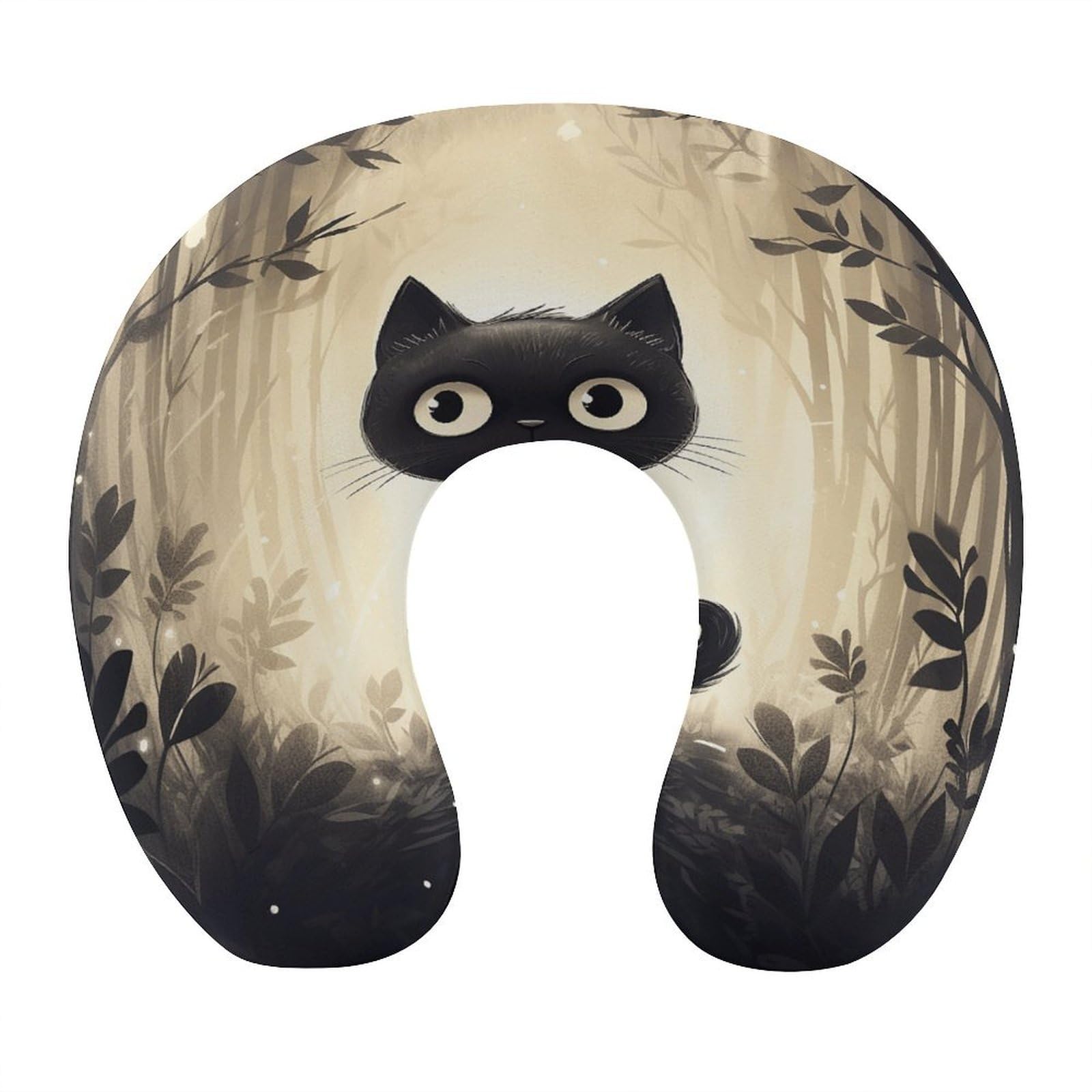 Btcowzrv Style Hand Drawn Black Cat U Shaped Neck Pillow Travel Pillows