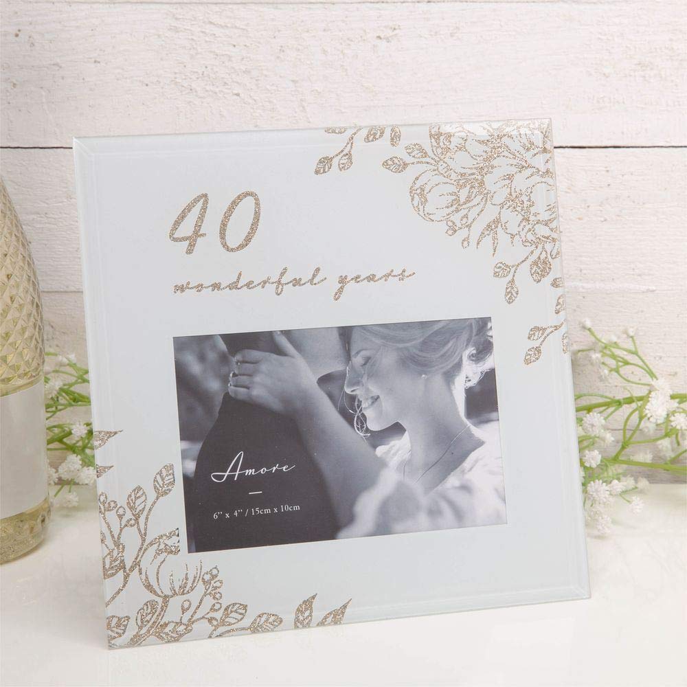 Amore Anniversary Grey Glass 6'x4' Photo Frame with Glitter/Wording - 40 Years Together