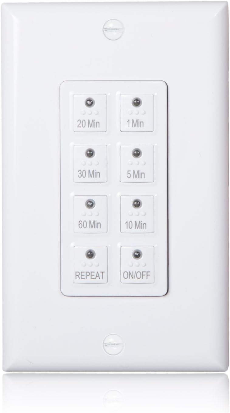 Maxxima 1875 Watt 8 Button Countdown Timer Switch Maximum 60 Minutes Delay, 1/2 HP Perfect for Bathroom Exhaust Fans, Wall Plate included, with Repeat Button
