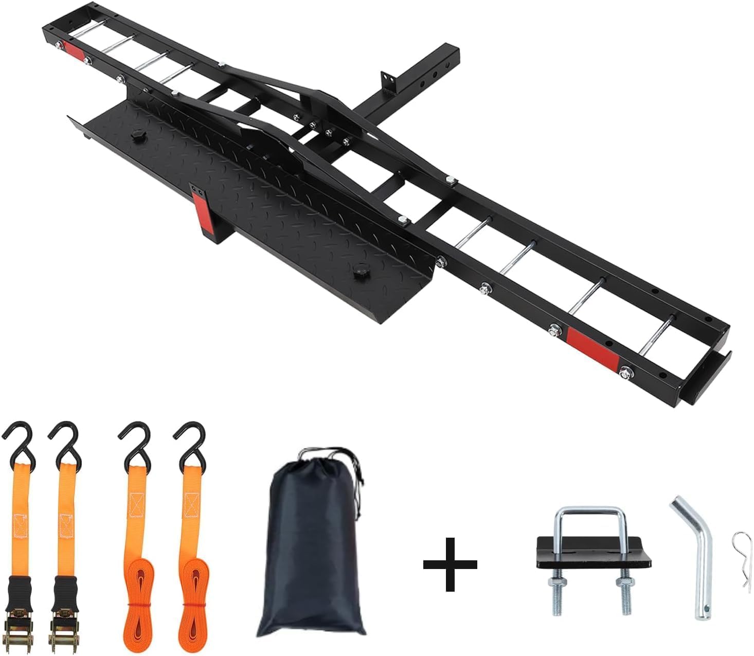 Schwerlast Motorradträger für 2" Anhängerkupplung, 227 kg (500 lbs) Tragkraft, mit Abnehmbarer Stahlrampe, Anti-Wackel-Stabilisator & 4 Spanngurten, geeignet für Motorräder, E-Bikes, Dirt Bikes, Pkw,