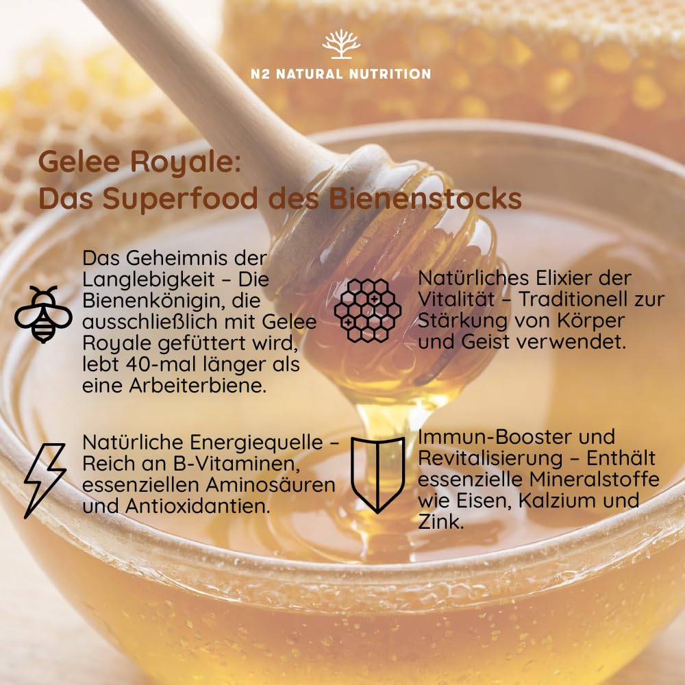 Gelée Royale Pur mit Propolis + Vitamin C + Echinacea. 60 Tage. 2000 MG. Reduziert Müdigkeit und andere Symptome, erhöht Energie, Vitalität und stärkt den Stoffwechsel. CE. N2 Natural Nutrition
