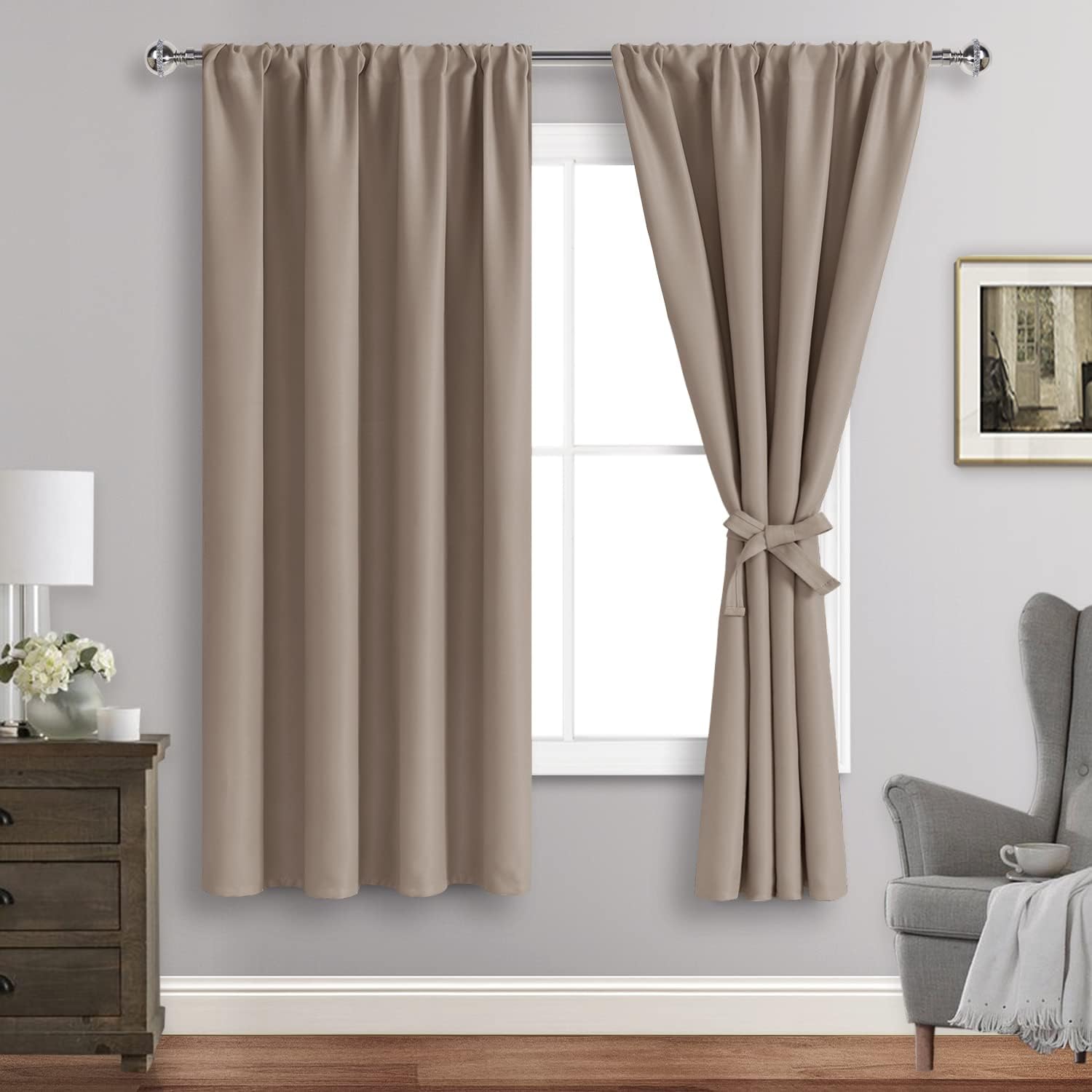 JIUZHEN Blackout Curtains for Bedroom Thermal Insulated,Noise Reducing Room Darkening Rod Pocket Curtains for Living Room, Set of 2 Panels with Tiebacks, 42 x 63 inch Long, Camel
