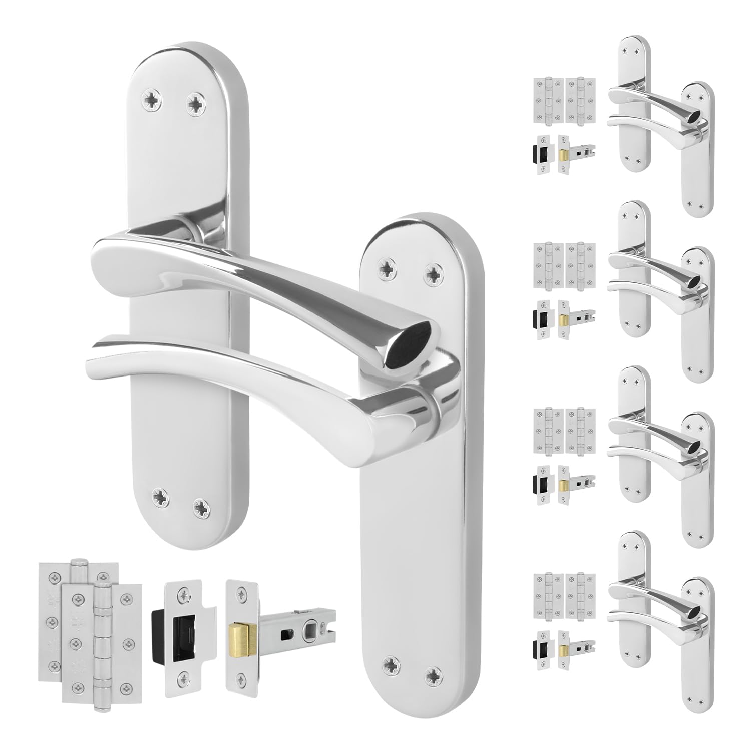 EAI Chrome Door Handle Latch Set, 5 Pair Polished Chrome Internal T-Bar Handles, Hinges 76mm Latches 64mm - Novoli
