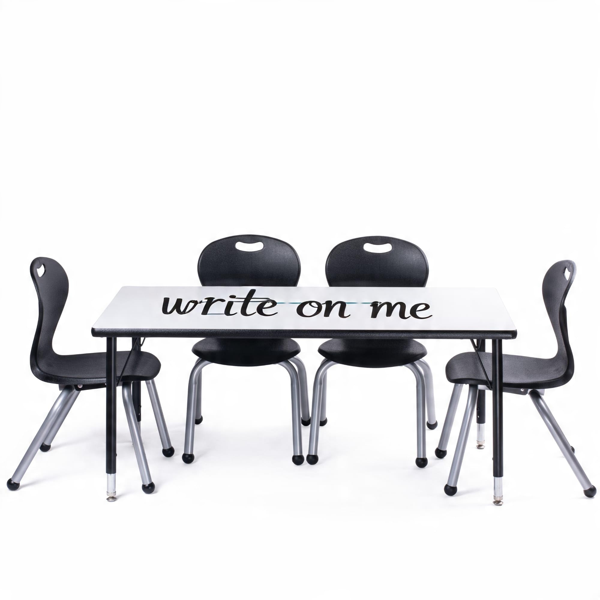 Chair and Table Set for Schools - Dry Erase Table About 24 x 48 inch (60 x 120cm) - Height Adjustable Legs -Spray Edges - and Four Luxurious Classroom Chairs - for Commercial Spaces