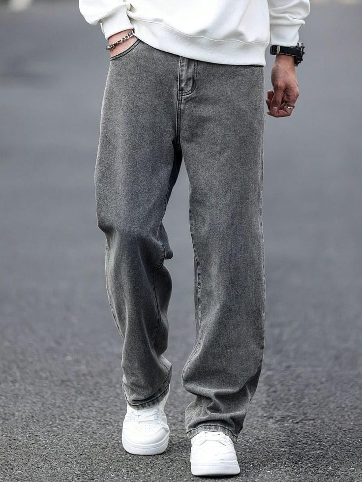 Image of Men Loose Fit Mid Rise Grey Jeans | Ankle-Length Trendy Denim for Smart-Casual Wear | Comfortable Everyday Jeans for Men | Modern Stylish Casual Outfit