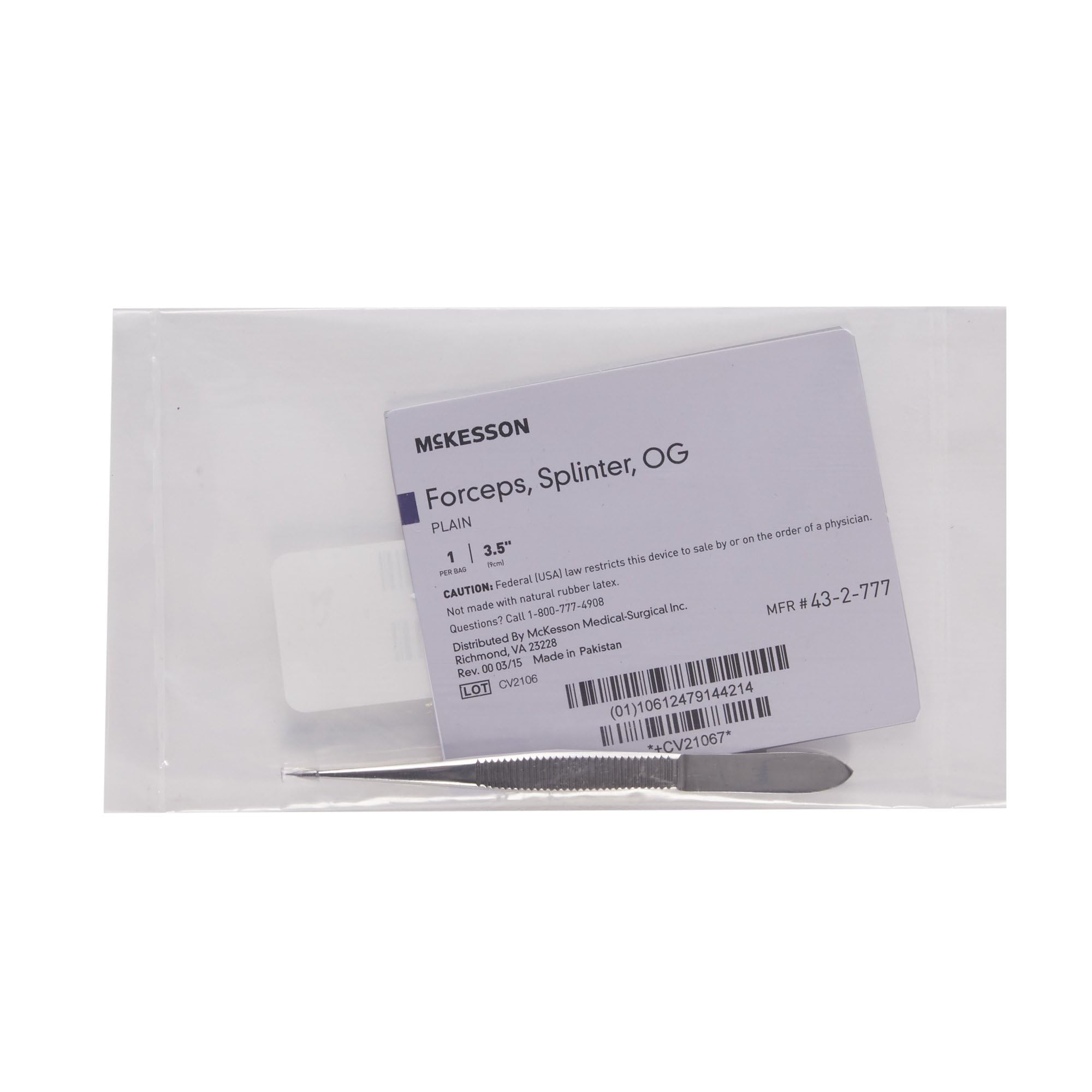 Splinter Forceps McKesson 3-1/2 Inch Length Office Grade Stainless Steel NonSterile NonLocking Thumb Handle, 43-2-777