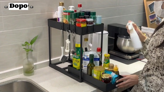 KITDAHOM Set da 2 organizer sottolavello cucina - organizer cucina - sottolavello cucina - design con cassetto - 10 ganci inclusi - adatto per bagno e cucina - colore nero