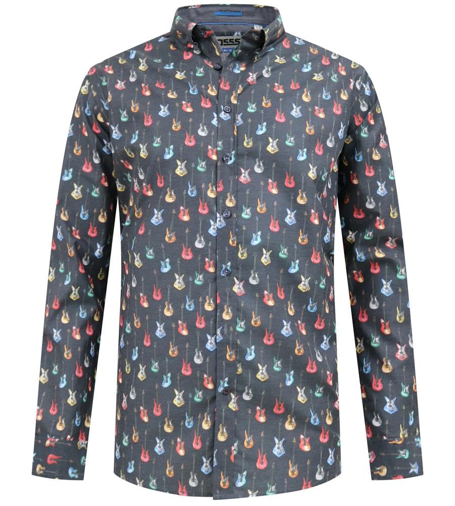 Duke Mens Wakefield All Over Guitar Print LS Shirt - Grey - 4XL