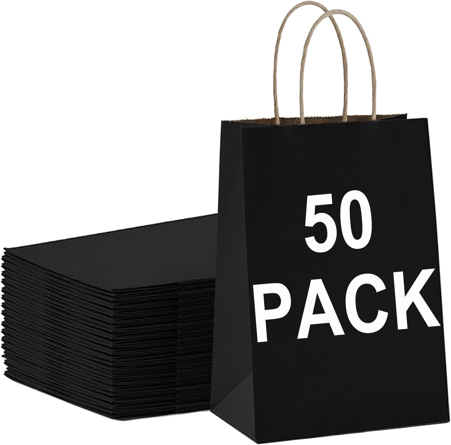 BAG BOX 50 Pack Medium 8.25x4.3x10.6 Inch Black Kraft Paper Gift Bags with Handles for Bulk Shopping, Retail, Craft, Party Favors, Wedding, Grocery & Sacks