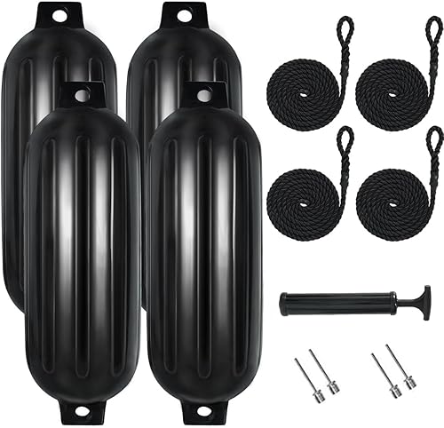 Paquete de 4 guardabarros inflables de 5 x 20 pulgadas, parachoques de barco acanalado con ojos gemelos para acoplar con cuerdas, agujas y bomba