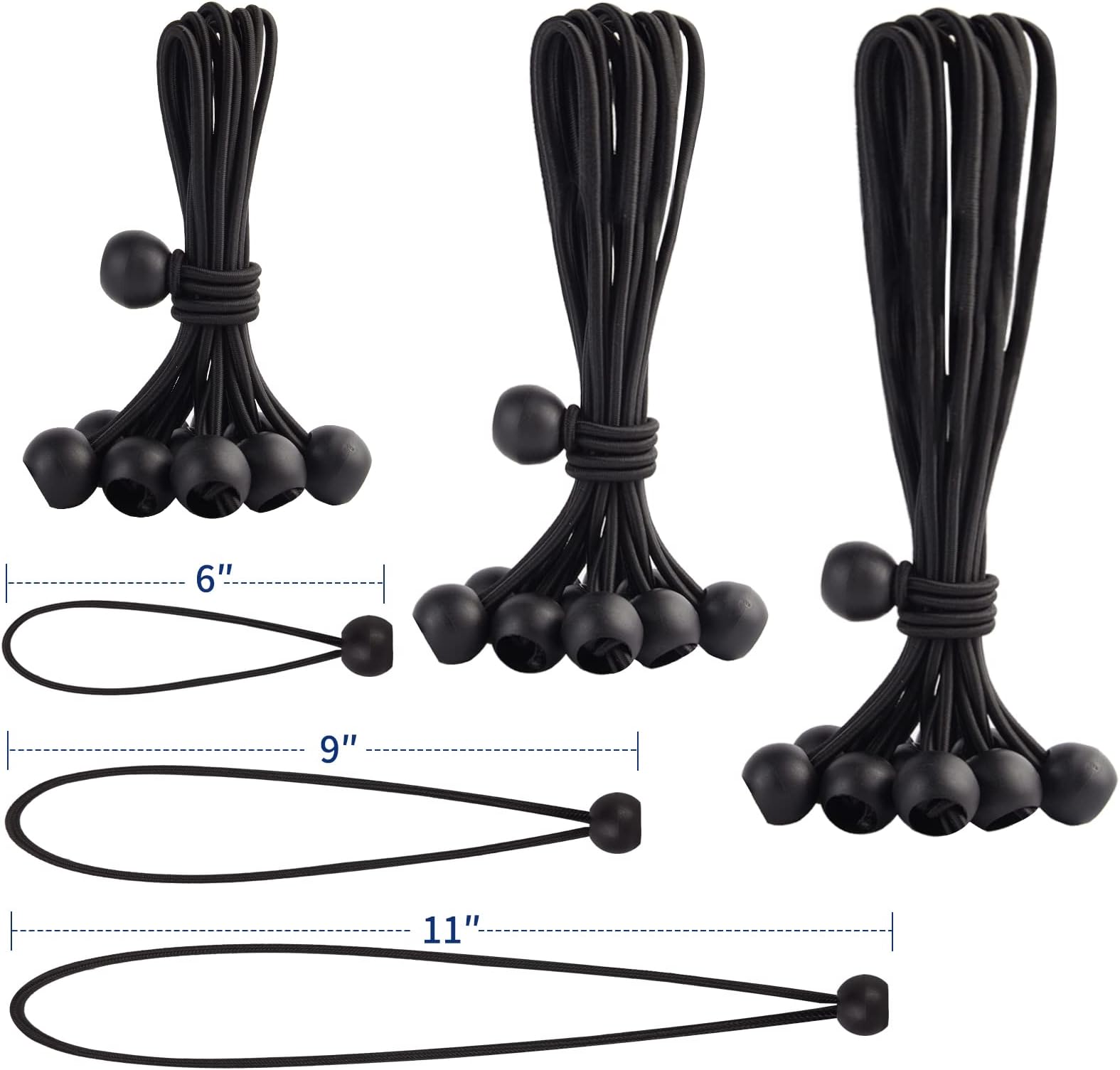 30PCS of 3 Sizes Ball Bungee Cords, 6, 9, 11 Inch Tarp Canopy Bungee Balls, Heavy Duty Tie Down Cord for Shelter, Gazebo, Camping, Tent, Cargo, Holding Wire and Hoses (Ball Size 1 inch)