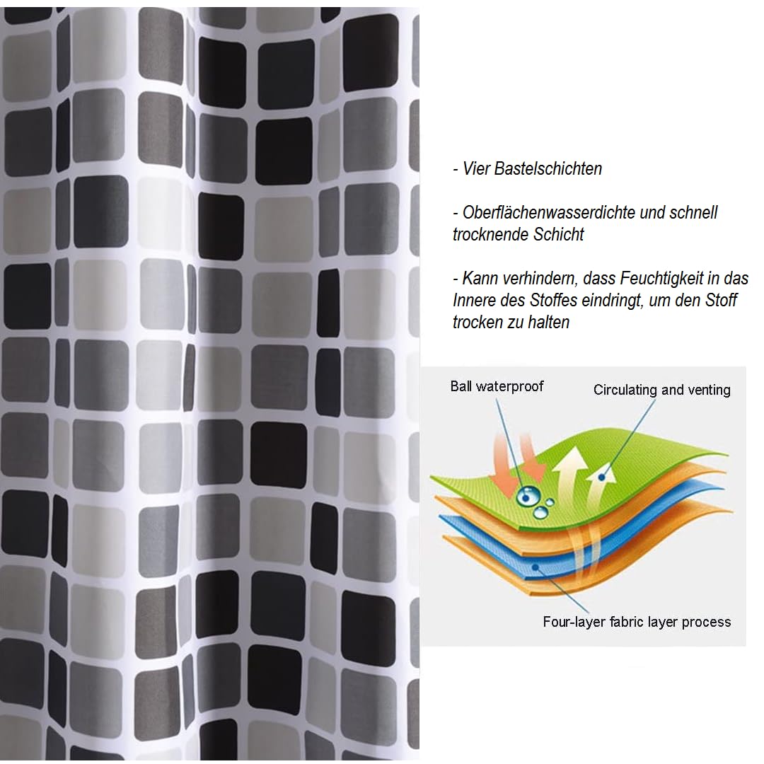 Tenda da doccia 200 x 220 cm (larghezza x altezza), antimuffa, antibatterica, impermeabile, con 12 tende da doccia (mosaico, 200 x 220 cm (larghezza x altezza)