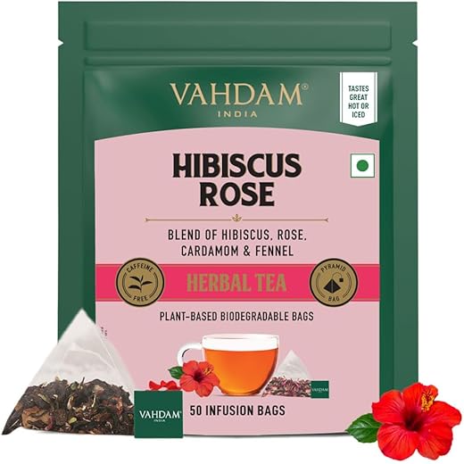 VAHDAM Hibiscus Flowers Herbal Tea Bags 50 Count Caffeine