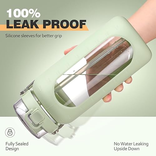 Miniatura 3 de BLUEGO Botella de agua de vidrio de 64 onzas, botellas de agua con mango de acero inoxidable y popote, botella de agua motivacional de medio galón