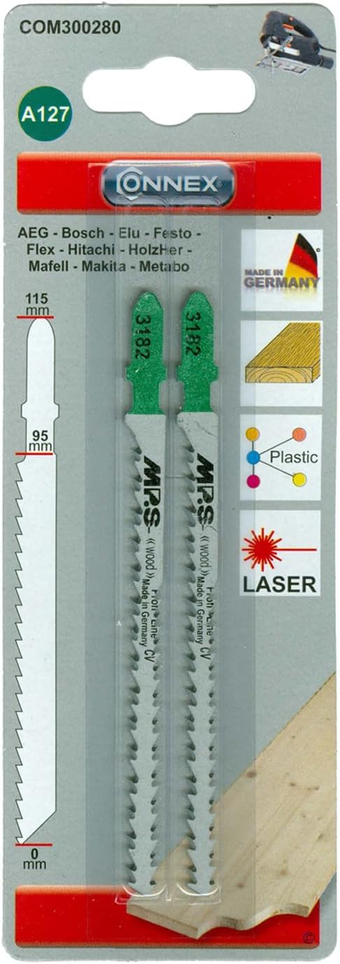 Connex COM300280 Jigsaw Blade Cross-Ground/Conical for Extreme Curves of Chrome-Vanadium Steel, Silver/Green, 115 mm, Set of 2 Piece