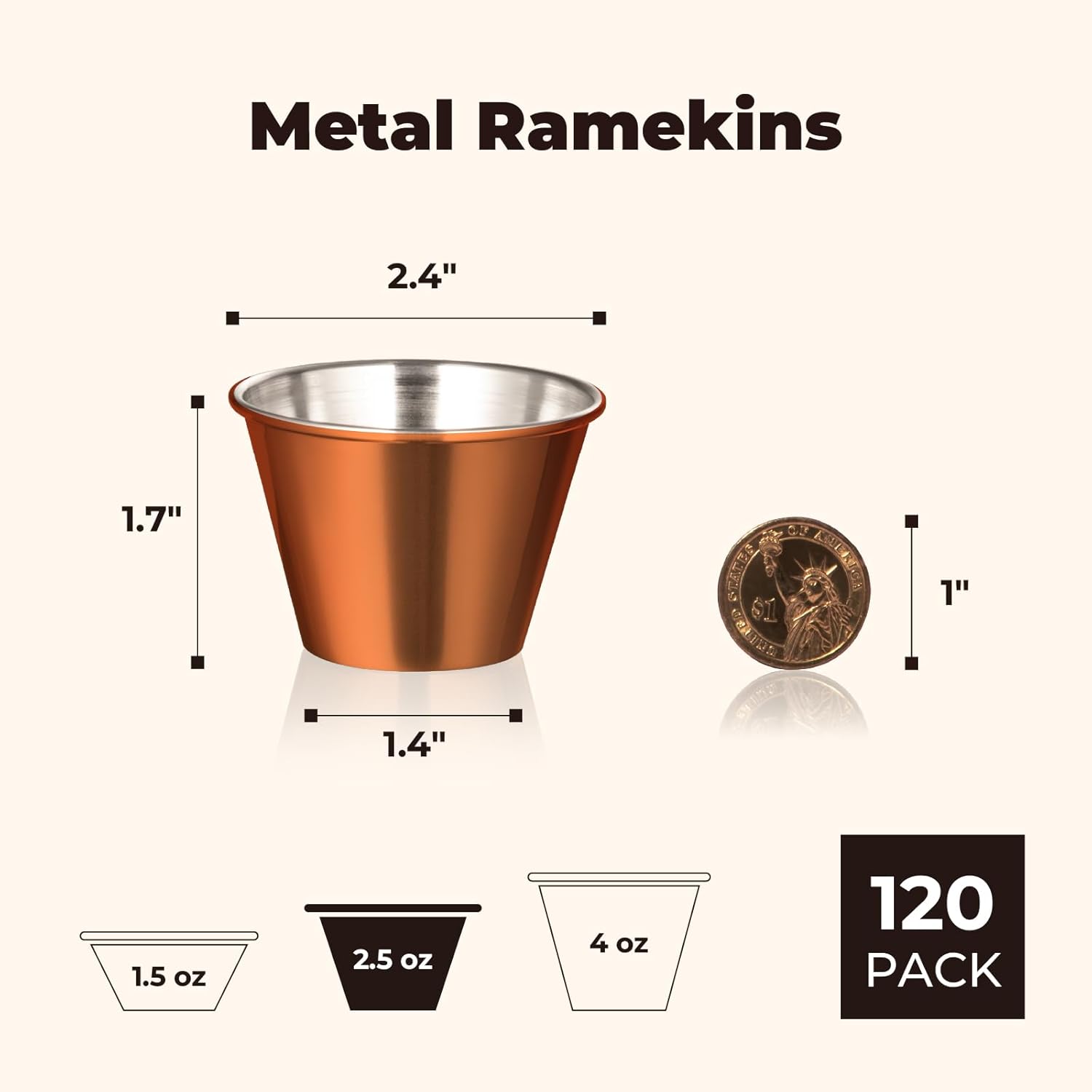 Fit Meal Prep [120 Pack 2.5 oz Stainless Steel Sauce Cups - Copper Plated Individual Round Condiments Ramekins, Commercial Grade Safe/Portion Dipping Sauce Kitchen Set