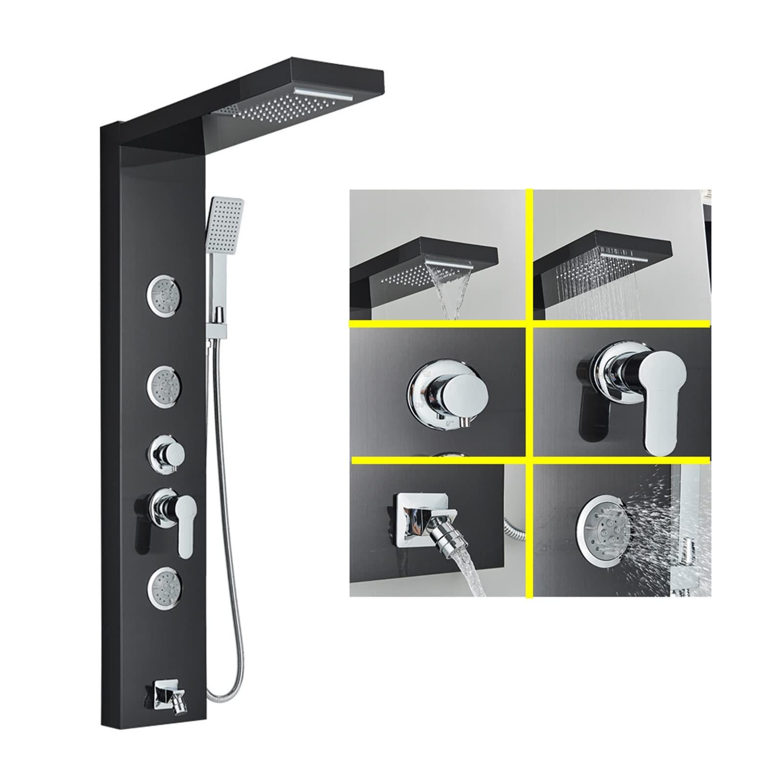 Soywim 1039 Black Shower System, Led Shower Panel Bath Faucet Temperature Digital Display Tub Body Massage System Jets Tower Column(1039 Black)