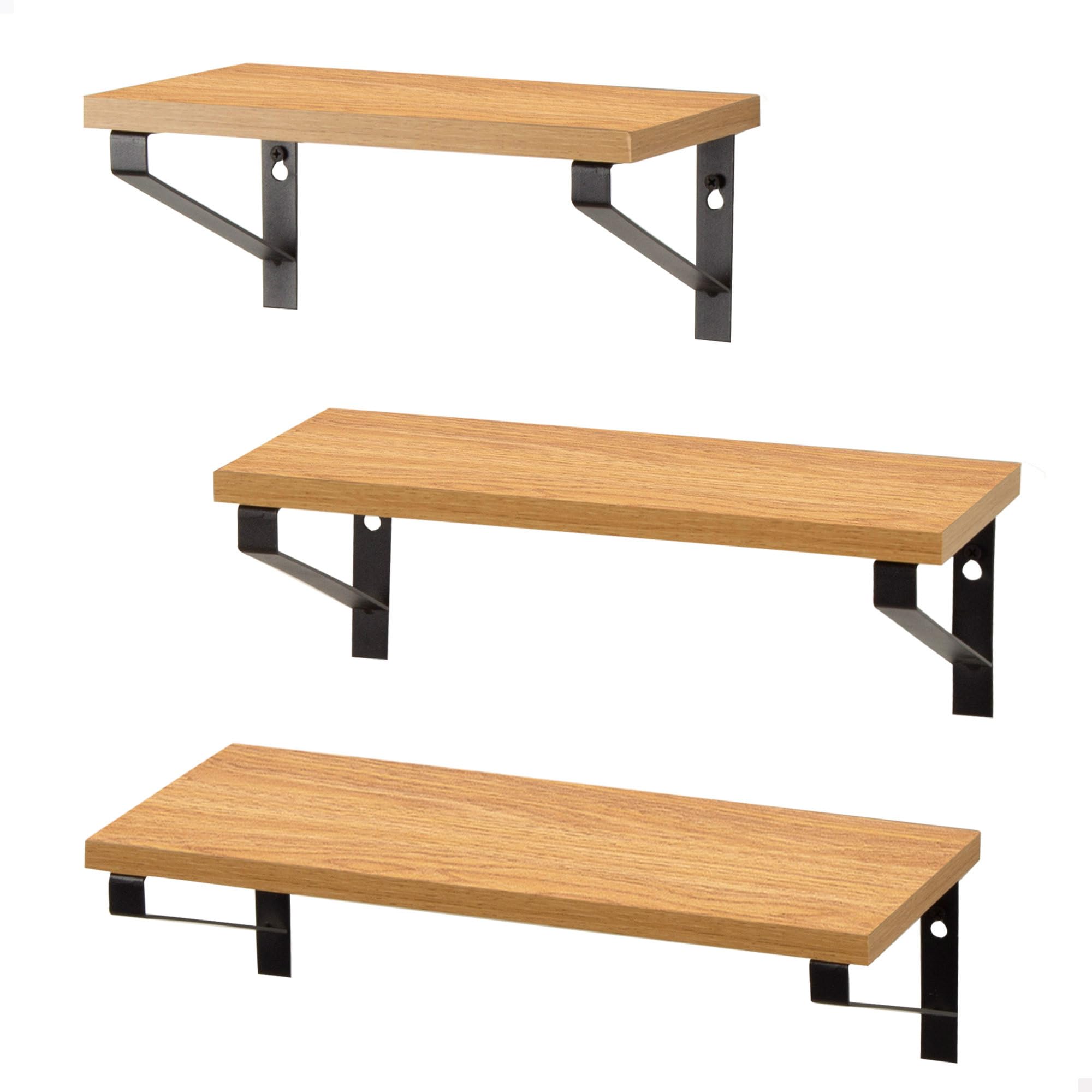 AKTIVE MAX Home Set of 3 Wall Shelves, 42, 34 and 28 cm, Maximum Weight 6 kg, with Black Metal Frame, Oak Effect, Decorative for Living Room, Bedroom, Kitchen, Office (18484)