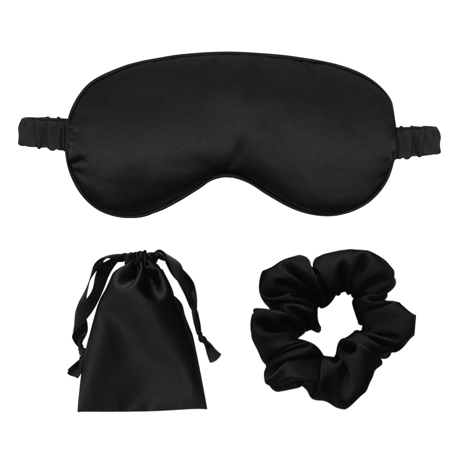 Juego de antifaz de seda para mujer, antifaz negro y gomas para el pelo, antifaz de satén para dormir, bolsa de almacenamiento para mujeres y niñas, cómodo de viaje