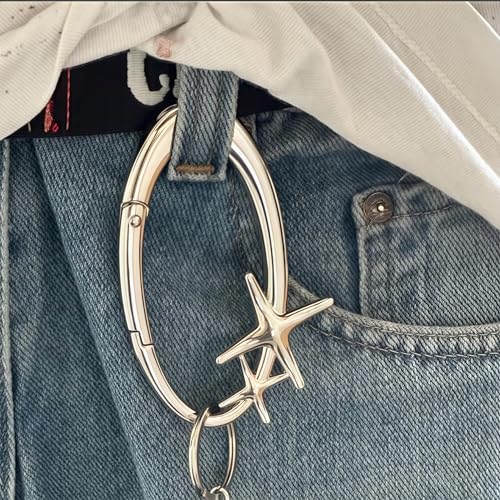 Image of Starlight Y2K Metal Heavy Shiny Starfish Carabiner Belt Loop Accessory, Silver Carabiner Keychain, Matte Chrome Karabiner, Gift her