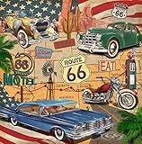 BELECO 1.5x1.5m Toile Fond Vintage Route 66 Thème Photographie Bande Dessinée Rétro Carte Routière Motel Moto Voitures Anciennes Américaine Historique Décoration Fête Accessoire Photo