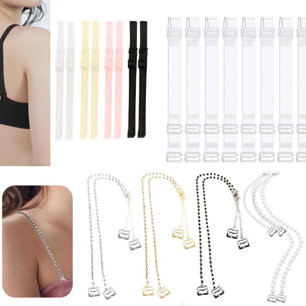 12 Pcs Bra Straps Combo Set – 4 Fancy Diamond & Pearl Bra Straps (Silver, Black, Gold, Pearl) + 4 Colorful Elastic Bra Straps –4 Pairs Transparent 15mm Invisible Bra Straps