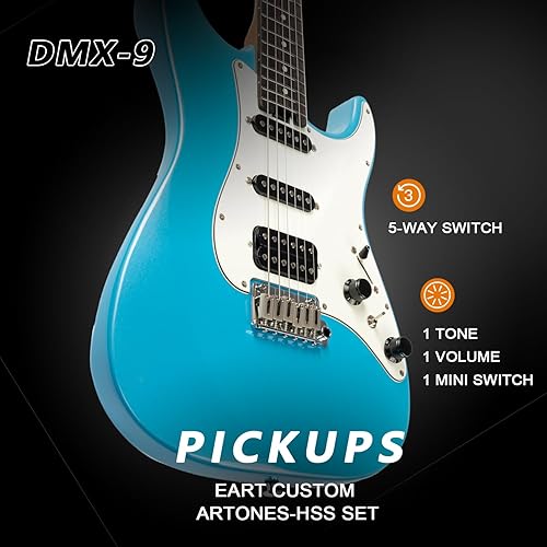 Miniatura 3 de EART Guitarra eléctrica DMX-9, puente de trémolo de 6 cuerdas, pastillas Humbucker, cuerpo sólido, guitarras con interruptor de 5 vías (azul perla