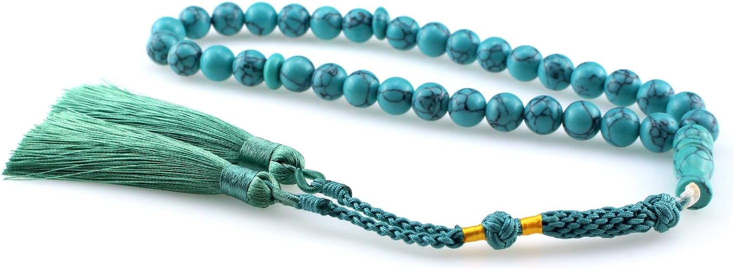Muslims Islamic Dhikr Tasbeeh Tasbih Prayer Beads, 33 Blue Turquoise Stone Beads with Tassel