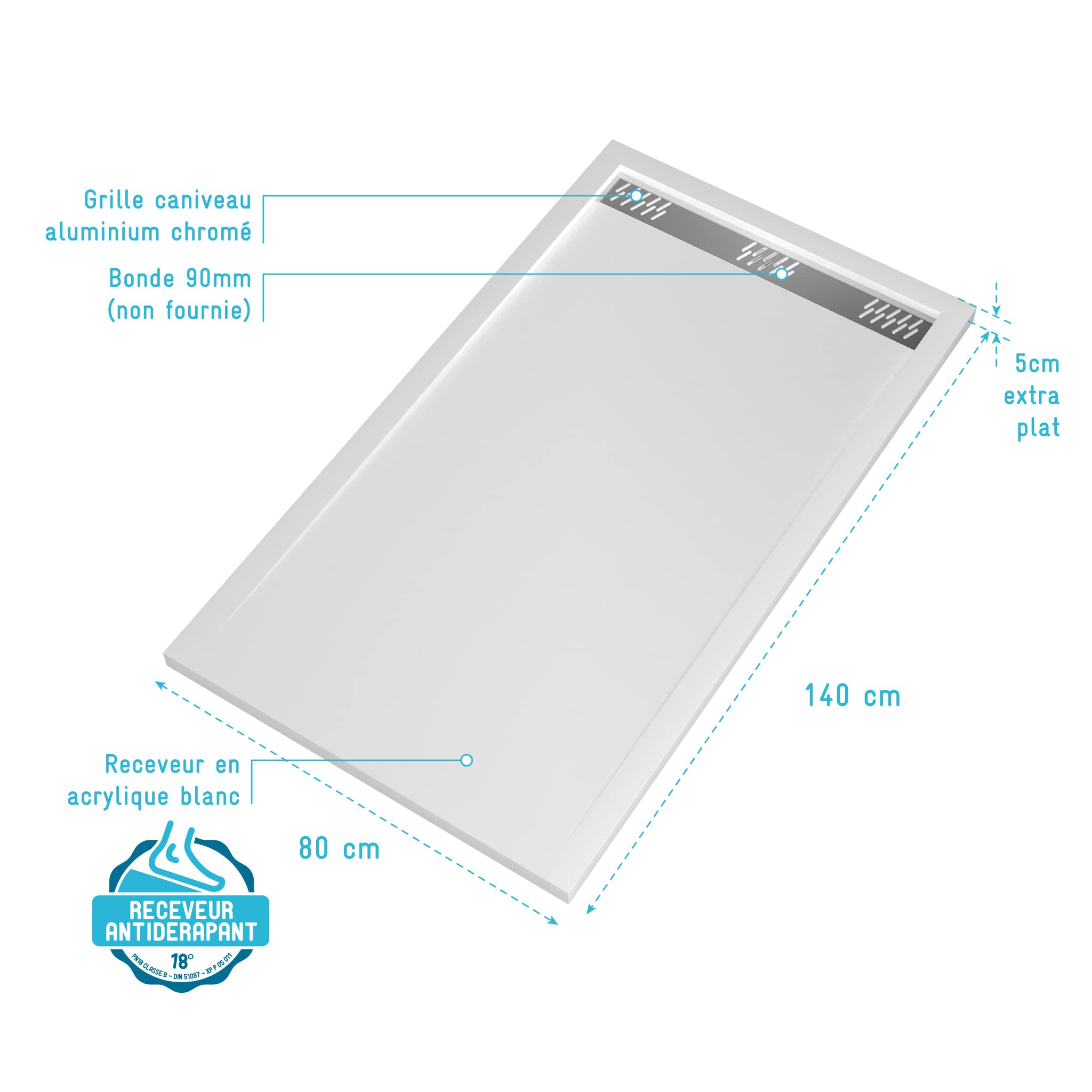 Image secondaire de Receveur de Douche Acrylique Extra-plat 80x140 cm avec Grille Linéaire Chrome