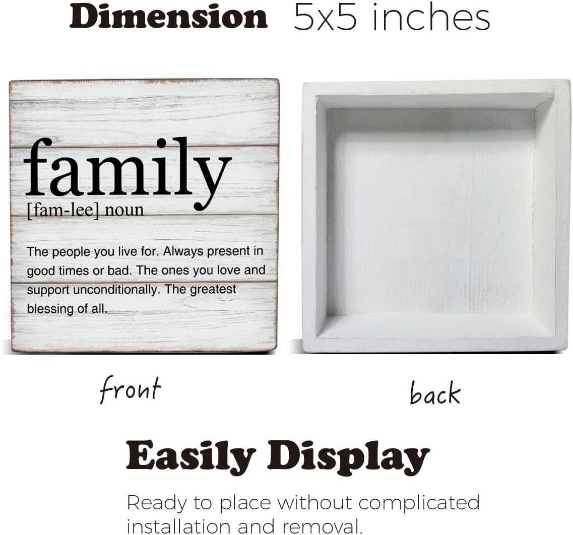 Family Definition Wooden Box Sign Family Quotes Desk Decorative Wooden Sign Home Living Room Decor for Desk Table Shelf 5 x 5 Inches - Image 2