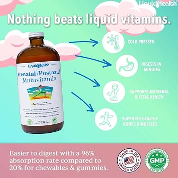 LIQUIDHEALTH Prenatal/Postnatal Multiple Liquid Women's Multivitamin with Real Folate - Pre & Postnatal Vitamins for Before, During, After Pregnancy - Made in USA, Vegan, Sugar-Free, Non-GMO (32 oz)