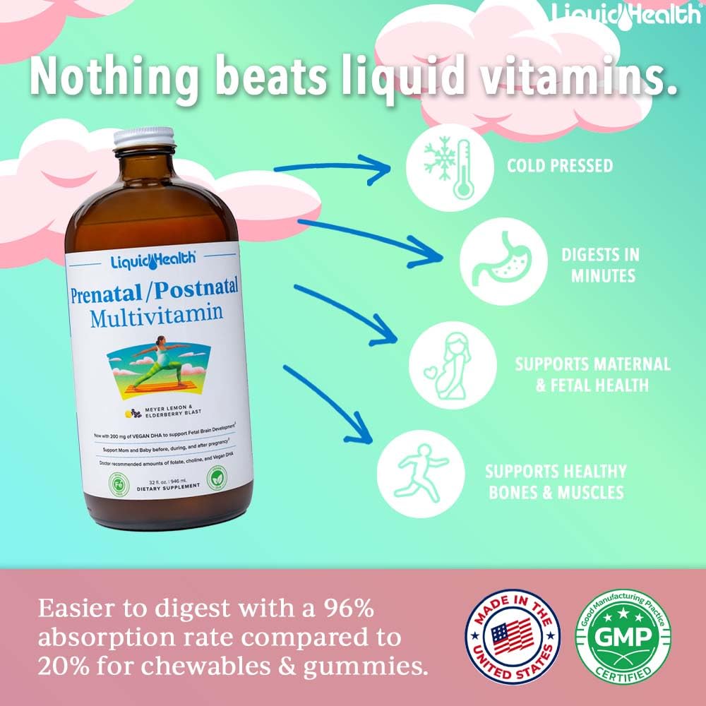 LIQUIDHEALTH Prenatal/Postnatal Multiple Liquid Women's Multivitamin with Real Folate - Pre & Postnatal Vitamins for Before, During, After Pregnancy - Made in USA, Vegan, Sugar-Free, Non-GMO (32 oz) — Amazon image 2