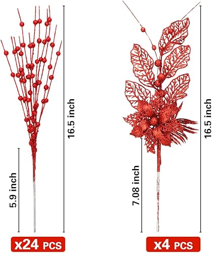 Miniatura 9 de ROSELEAF Paquete de 28 adornos artificiales de tallo de bayas con purpurina, adornos de Navidad dorados, ramas de flores, púas para decoración del