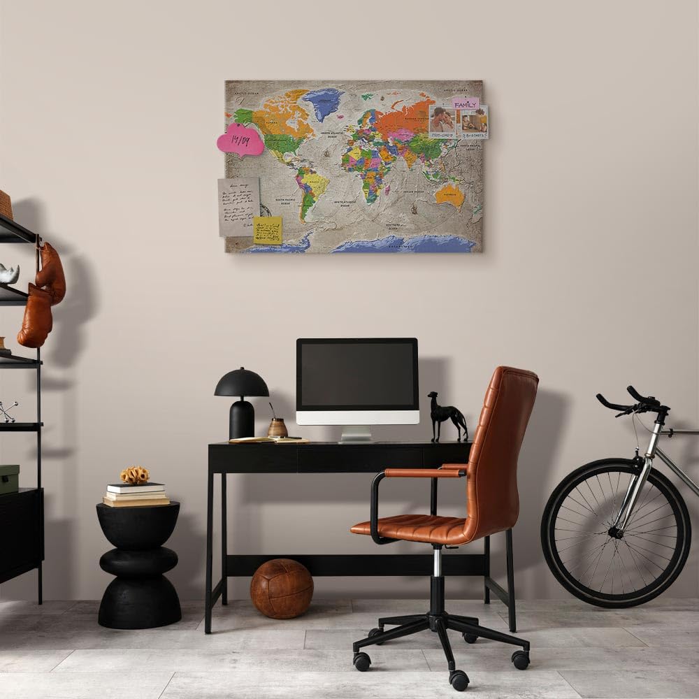 murando - Mapamundi con tablero para clavar chinchetas 120x80 cm - Cuadro | Lienzo estructurado - Panel de Fibra - Mapa del Mundo Continente