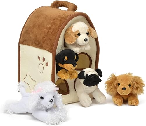 Unipak 7166DO-HL - Casa para perros de peluche (cinco (5) perros de peluche (perro de perro de orejas marrones, bulldog, caniche blanco, perro de