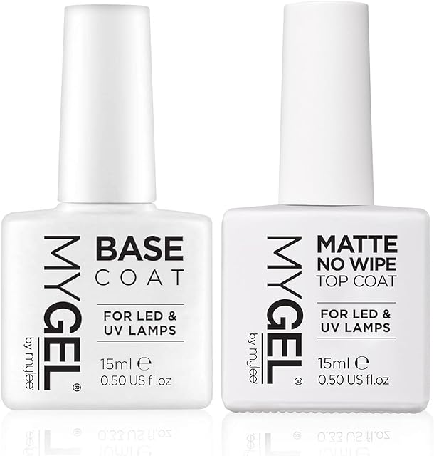 MYGEL by Mylee Nail Gel Polish Matte No-Wipe Top & Base Coat 2x15ml UV/LED Soak-Off Nail Art Manicure Pedicure for Salon & Home Use - Lasts up to 2 Weeks, Easy to Apply, No Chips, Durable & Safe
